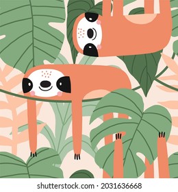 Cute cartoon sloth character - vector illustration. Tropical summer seamless pattern with sloth