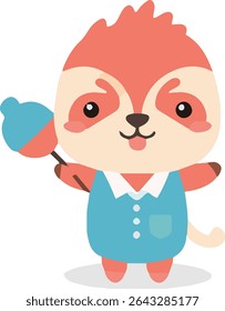 A cute cartoon sloth character wearing a blue shirt with white buttons, holding a blue and coral rattle toy, with a happy and friendly expression.