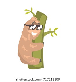 Cute cartoon sloth character wearing sunglasses hanging on the tree, funny tropical animal vector Illustration