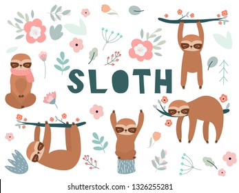Cute cartoon sloth. Sloth characters set. Sloth, flowers and leaves vector illustration.