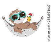 A cute cartoon sloth is chilling in a hammock. Flat art vector design is perfect for creative projects, isolated on a white background.