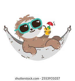 A cute cartoon sloth is chilling in a hammock. Flat art vector design is perfect for creative projects, isolated on a white background.