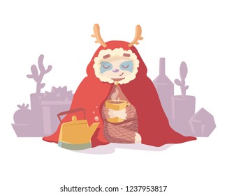 cute cartoon sloth in christmas deer costume drinks tea with succulents and cactuses on a background . colorful christmas illustration