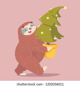 cute cartoon sloth with christmas tree and lights. 