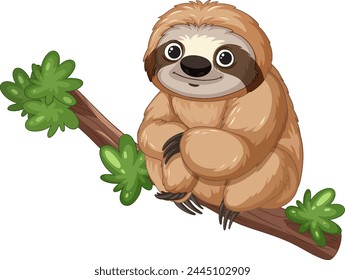 Cute cartoon sloth clinging to a tree branch