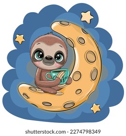 Cute Cartoon Sloth with coffee is sitting a on the Moon