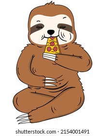Cute Cartoon Sloth eat Pizza Vector Illustration