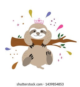 Cute cartoon sloth. Great design element for kids apparel, sticker, nursery decoration, poster. Hand drawn vector illustration.