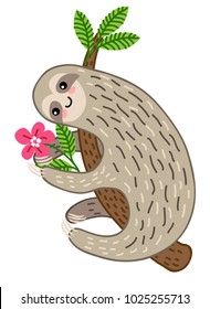 Cute cartoon sloth hanging on a tree branch vector illustration