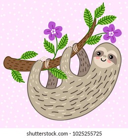 Cute cartoon sloth hanging on a tree branch vector illustration