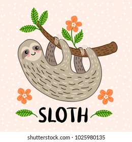 Cute cartoon sloth hanging on a tree branch vector illustration