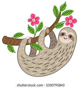 Cute cartoon sloth hanging on a tree branch vector illustration