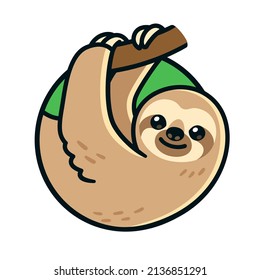 Cute cartoon sloth hanging on branch in circle logo. Vector clip art illustration.