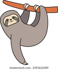 Cute cartoon sloth hanging on a tree. Vector illustration.