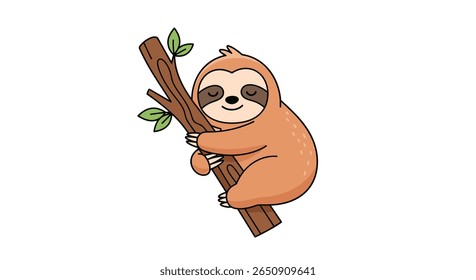 Cute cartoon sloth hanging on tree branch with happy face resting comfortably