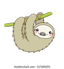 Cute cartoon sloth hanging on tree branch. Vector illustration