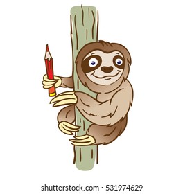 Cute cartoon sloth hanging on tree. Vector illustration