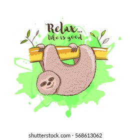 Cute cartoon sloth hanging on tree branch. Vector illustration