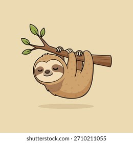 Cute cartoon sloth hanging from a tree branch with a relaxed, happy expression. Adorable wildlife illustration perfect for kids books, posters, stickers, nursery decor, and educational materials.