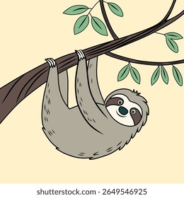 Uma preguiça de desenho animado bonito paira de cabeça para baixo de um galho de árvore com folhas verdes uma cena pacífica.