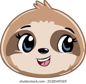 Cute cartoon sloth head isolated on white.