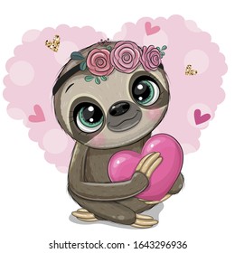 Cute Cartoon Sloth with a heart on an heart backgrouns