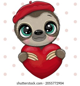 Cute Cartoon Sloth with a heart on a dots backgrouns