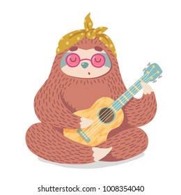 cute cartoon sloth in hippie style and pink glasses plays guitar.  print,patch or sticker design