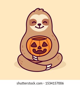 Cute cartoon sloth holding Halloween pumpkin. Funny hand drawn character vector clip art illustration.