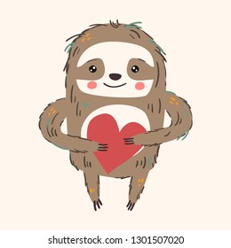 Cute cartoon sloth holding heart, Valentines Day postcard, nursery decor, sticker, greeting card.