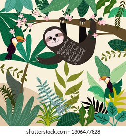 Cute cartoon Sloth and Hornbill in Tropical botanical jungle forest background, illustration vector by freehand doodle comic art

Image type