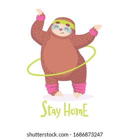 cute cartoon sloth with hula hoop in aerobics 80s clothing.animal vector illustration