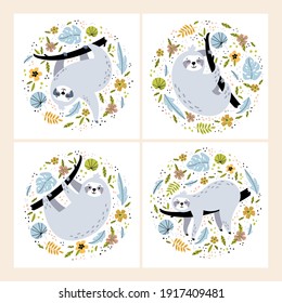 Cute Cartoon sloth. Sloth and leaves vector illustration. Set of animal in various tropical leaves and flowers. Cartoon animal for greeting card, poster, brochure, etc 