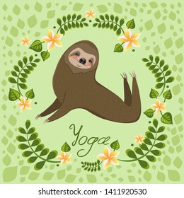 A cute cartoon sloth lies in a yoga pose. Cartoon animals vector illustration. Unique hand drawn vector illustration with sloth.