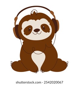 Cute Cartoon Sloth Listening to Music. Adorable cartoon illustration of a smiling sloth wearing headphones, enjoying music in a relaxed sitting position, on a white background.