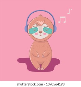 cute cartoon sloth listenung to misic with pink background. healthy sleep concept. colorful cartoon animal illustration