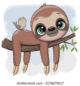 Cute Cartoon Sloth is lying on a branch