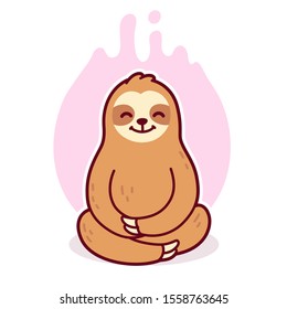 Cute cartoon sloth meditating in lotus position. Simple cartoon drawing of sloth sitting in meditation. Vector clip art illustration.