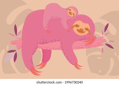 Cute cartoon sloth mother with the baby and tropical leaves illustration.