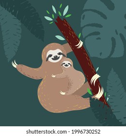 Cute cartoon sloth mother with the baby and tropical leaves illustration.