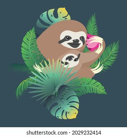 Cute cartoon sloth mother with the baby and tropical leaves illustration.