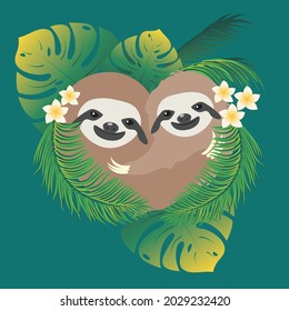 Cute cartoon sloth mother with the baby and tropical leaves illustration.