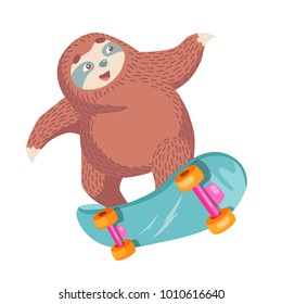 cute cartoon sloth on skateboard. colofrul animal illustration