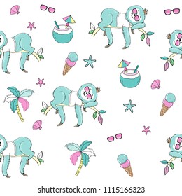 cute cartoon sloth on the tree seamless pattern