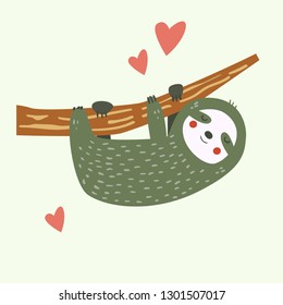 Cute cartoon sloth on the tree. Nursery decir, Valentines Day decor, greeting card, sticker.