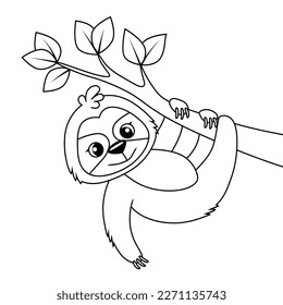 Cute cartoon sloth on tree. Black and white vector illustration for coloring book