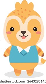 A cute cartoon sloth with orange fur, a blue vest, and a small tail stands facing forward with a happy expression.