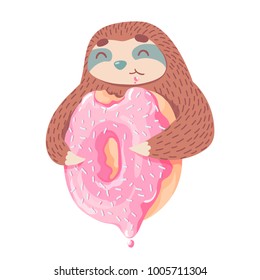 cute cartoon sloth with pink donut.colorful animal illustration