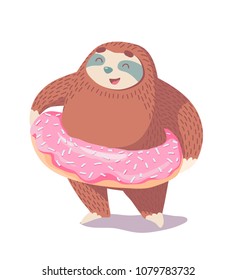 cute cartoon sloth with pink donut.colorful animal illustration