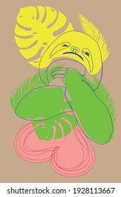 Cute cartoon sloth portrait in simple line art style.